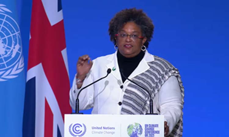 Prime Minister Mia Motley of Barbados speaking at COP 26