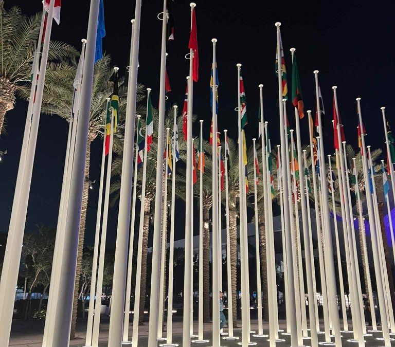 Photo of the flag-pole square in Dubai Expo during night time