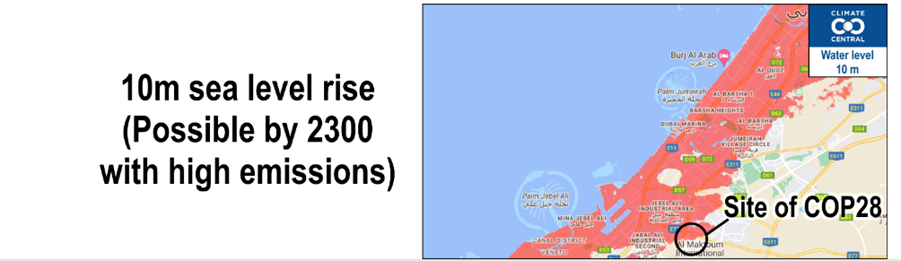 map of Dubai and the caption: 10m sea lever rise (possible by 2300 with high emissions)