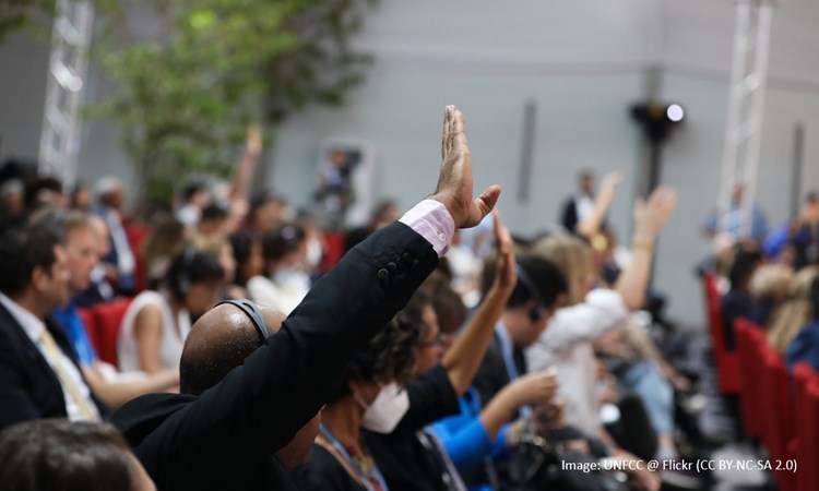 People with hands raised to asked questions at COP27