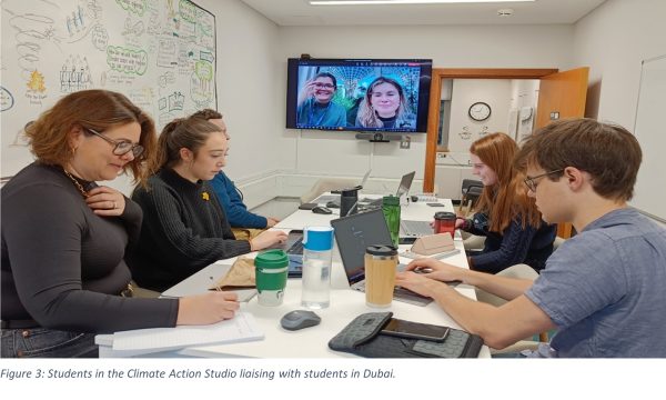 picture of students in Reading campus connecting with students in Dubai. 